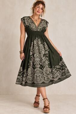 Y2K So Cool Dress 3X Olive Green Paisley Boho Hippie Empire Waist Midi Smocked